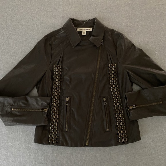 Andrew Charles Moto Jacket‎ XS Brown Faux Leather Chain Detail Asymmetrical Zip - Picture 1 of 15